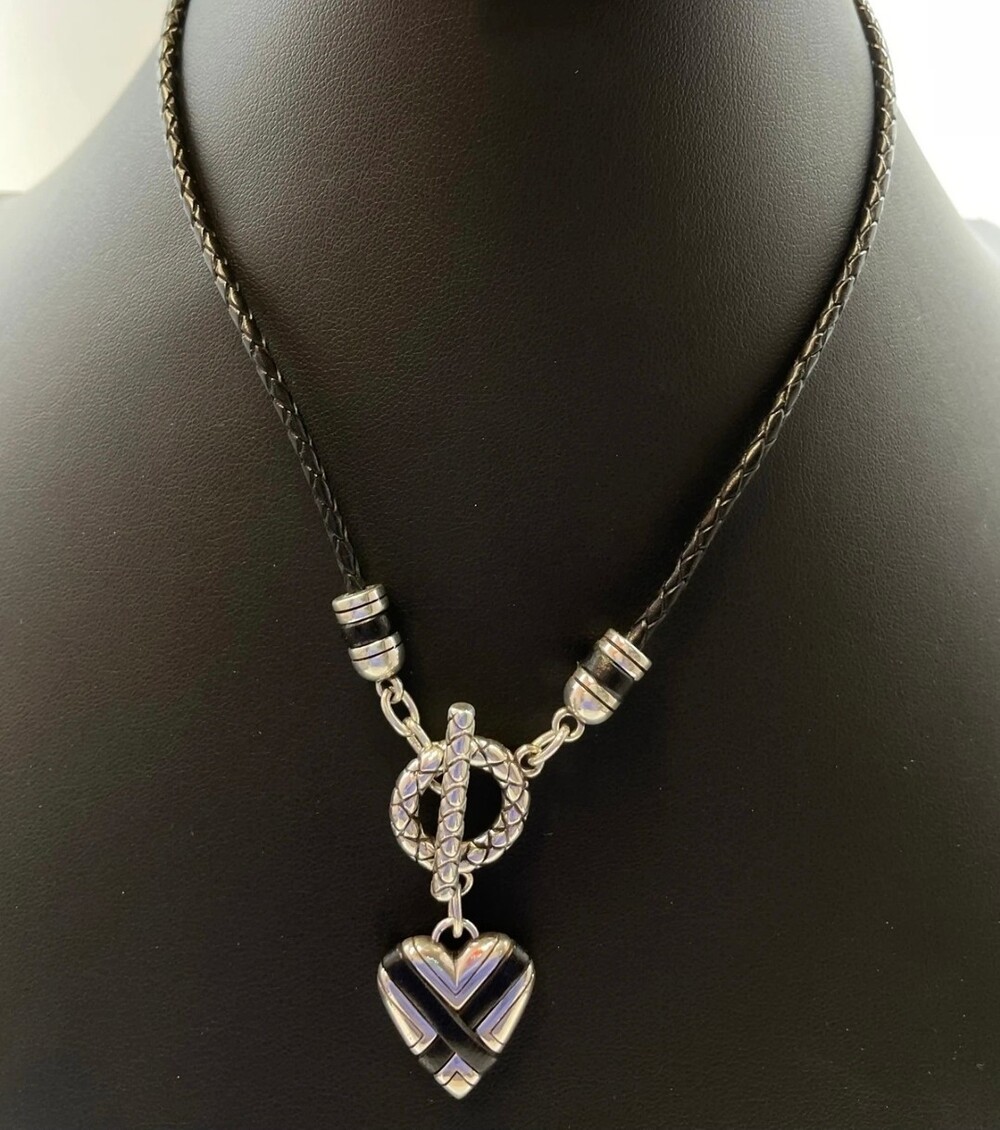Brighton Heart Pendant Necklace Toggle Clasp Black Braided Leather Cord Silve Je